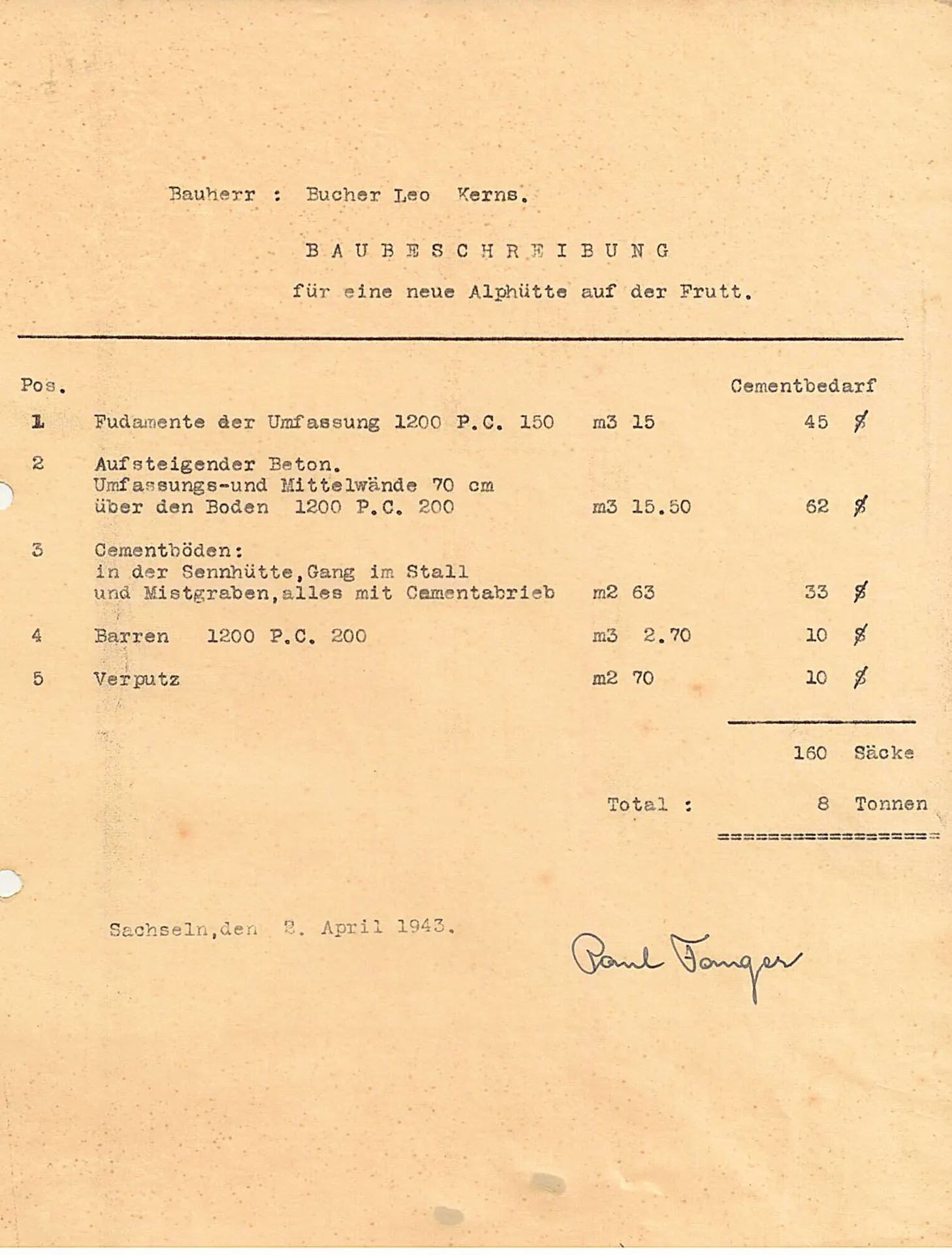 Baubeschrieb für eine Alphütte, 1943 — Stundenlohn damals: Fr. 1.20.