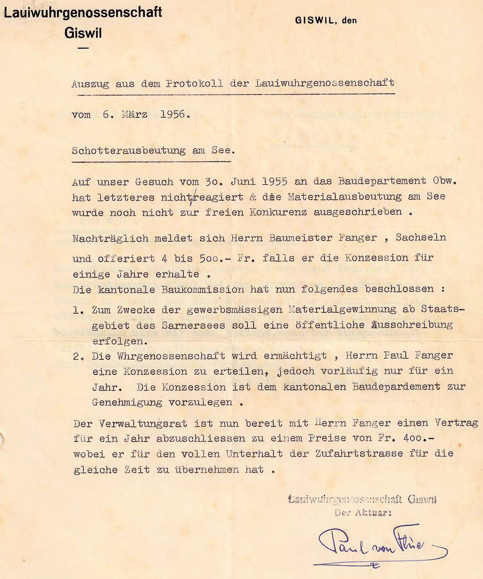 1956 — Erste Kieskonzession von der Lauiwuhrgenossenschaft.