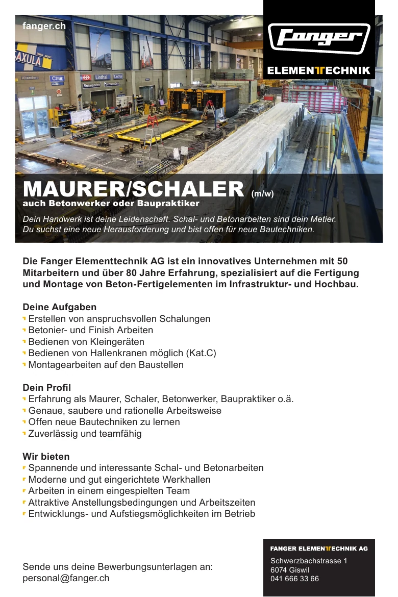 Inserat: Maurer/Schaler, auch Betonwerker oder Baupraktiker