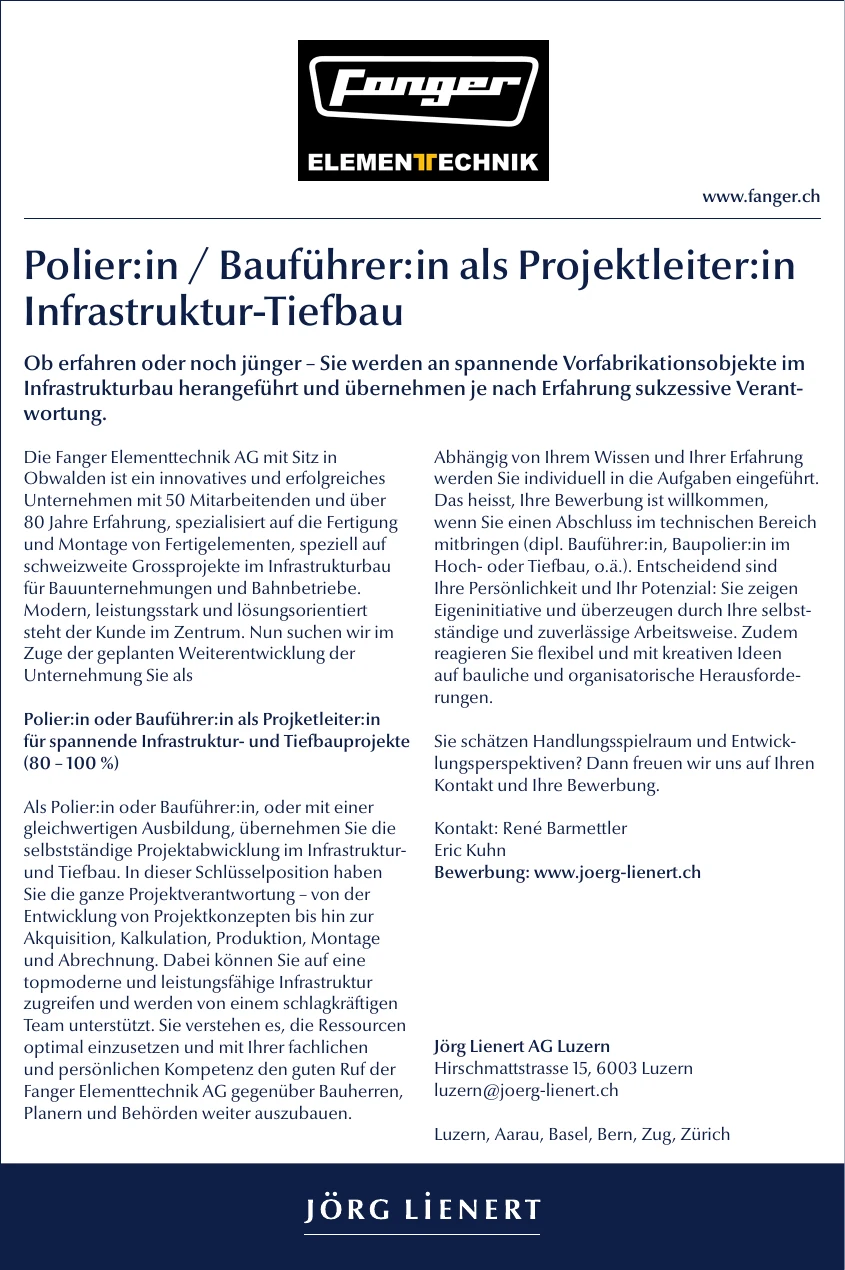 Inserat: Polier:in / Bauführer:in als Projektleiter:in Infrastruktur-Tiefbau