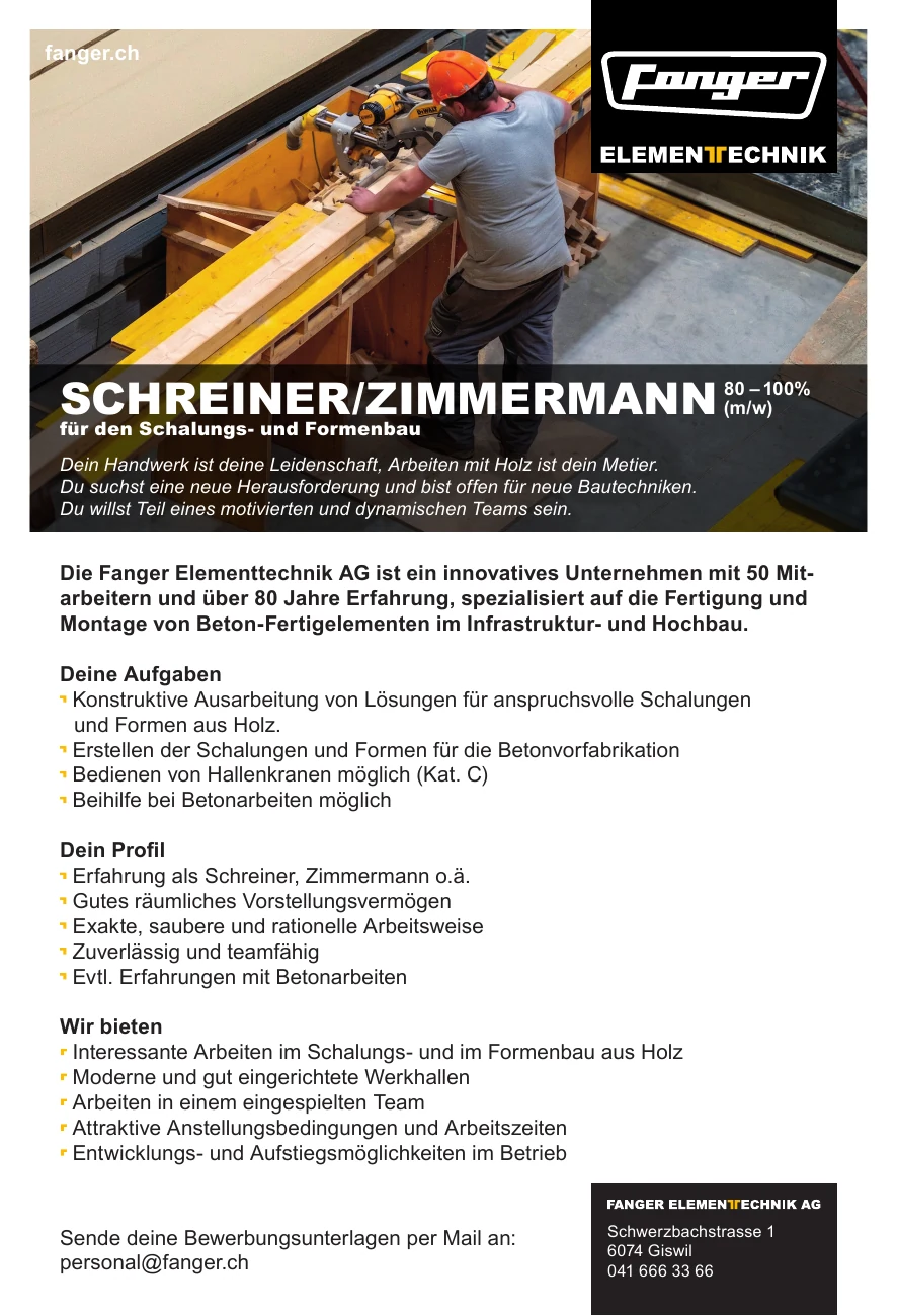 Inserat: Schreiner/Zimmermann für den Schalungs- und Formenbau